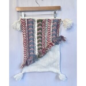 Anthropologie Boho Lumbar Throw Pillow Cover 14x20 White Purple Braided Tassels